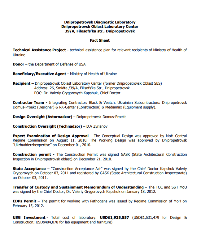 Dnipropetrovsk Diagnostic Laboratory Dnipropetrovsk Oblast Laboratory Center 39/A, Filosofs’ka str., Dnipropetrovsk Fact Sheet