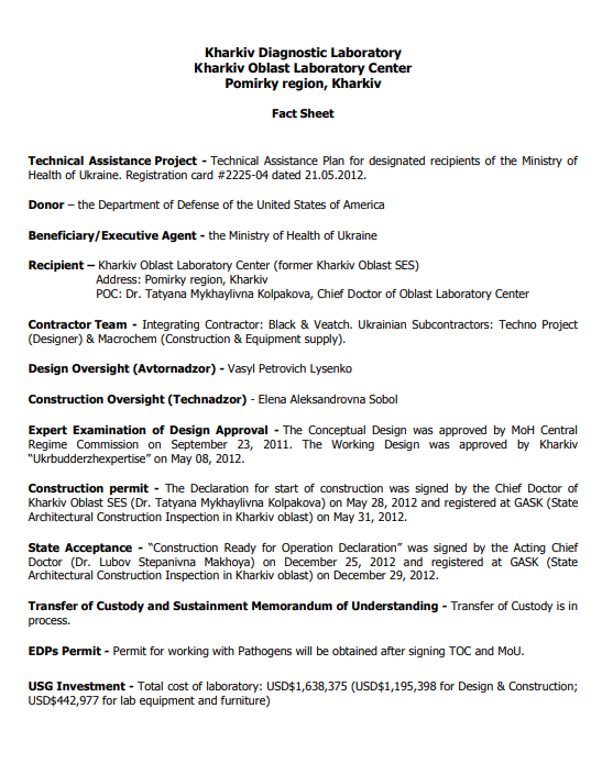 Kharkiv Diagnostic Laboratory Kharkiv Oblast Laboratory Center Pomirky region, Kharkiv Fact Sheet