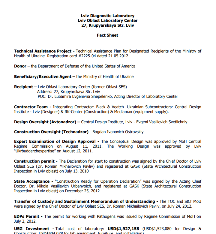 Lviv Diagnostic Laboratory Lviv Oblast Laboratory Center 27, Krupyarskaya Str. Lviv Fact Sheet